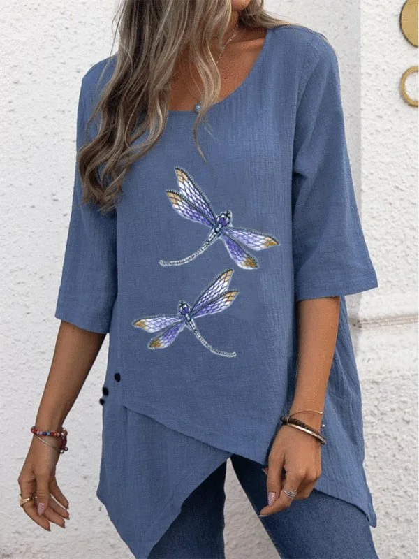 Dragonfly Print Decorative Button Round Neck Five-point Sleeve Loose ...