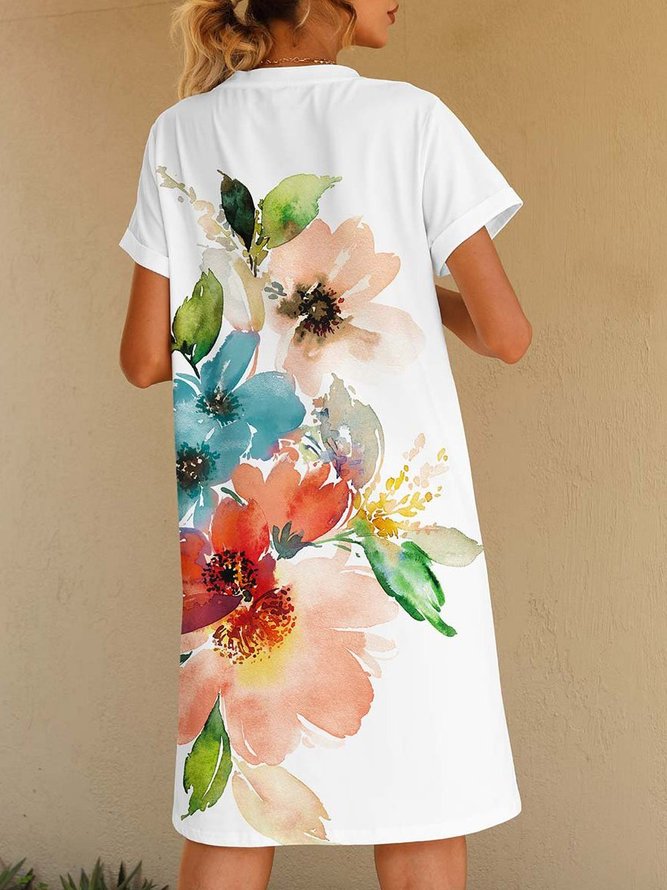 JFN Crew Neck Floral Printed Casual Simple Midi Dresses