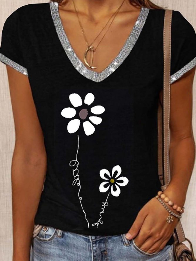 Floral V Neck Short Sleeve Casual Shirts & Tops