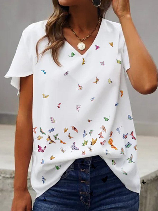 JFN V Neck Butterfly Vacation T-Shirt/Tee