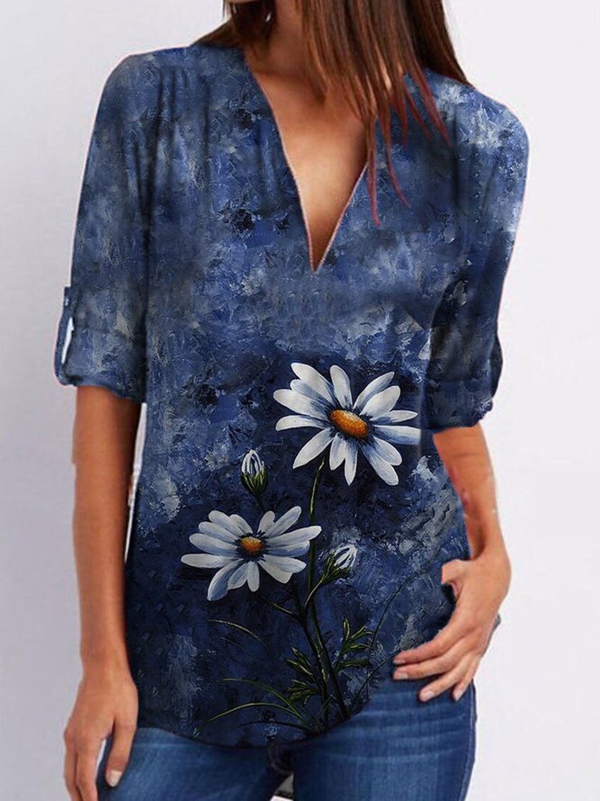 Casual Floral Cotton-Blend Shift Shirts & Tops