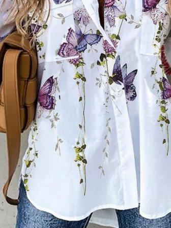 Shirt Collar Casual 3/4 Sleeve Floral Shirts & Tops
