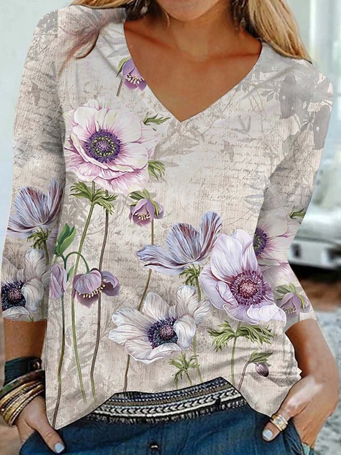Floral Cotton-Blend 3/4Sleeve Casual Shirts & Tops