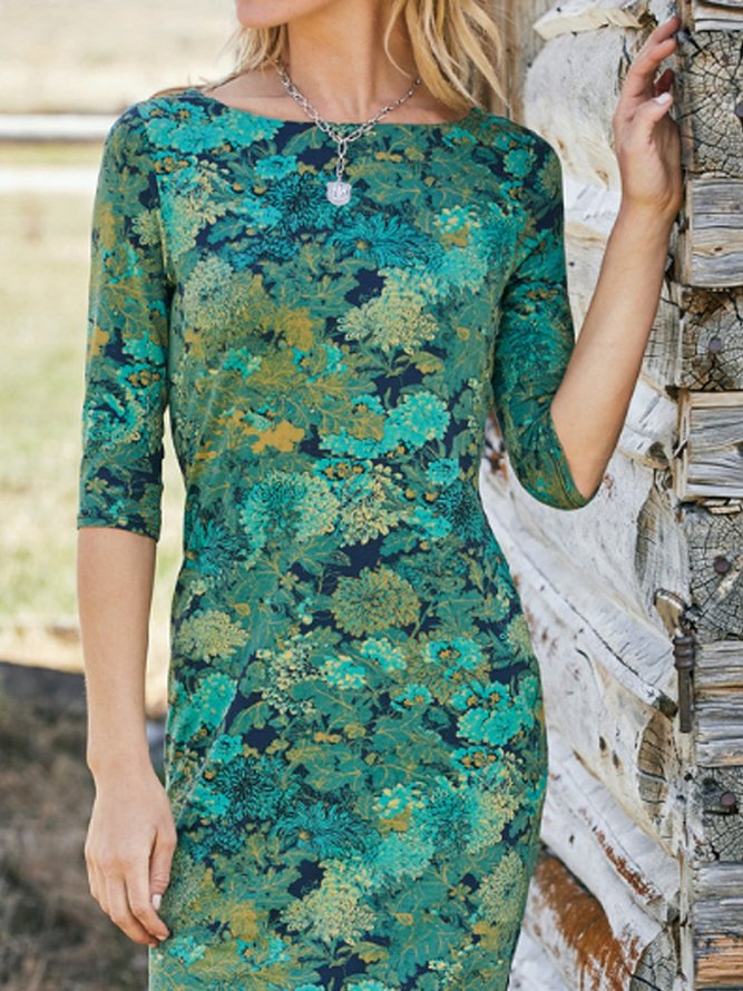 Cotton-Blend Floral Half Sleeve Boho Dress