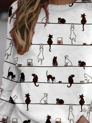 Cute Cat Crew Neck Long Sleeve Casual Shirts & Tops