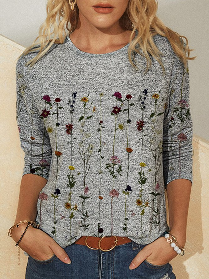 JFN Crew Neck Long Sleeve Vintage Floral Top