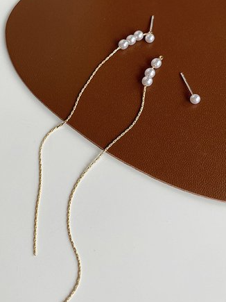Silver Needle Minimalist Pearl Long Earline Plain Alloy Earrings
