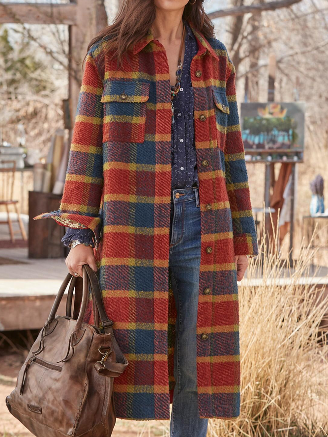 Winter Plaid Long Sleeve Lapels Casual Outerwear