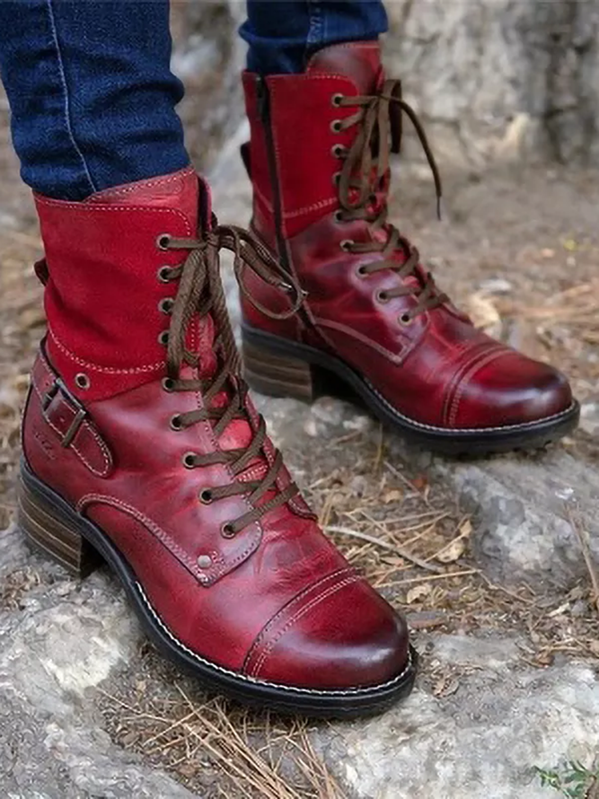 Retro Stitching Lace-up Zipper Boots
