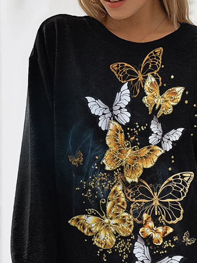 Long sleeve round neck glittering butterfly print top sweater