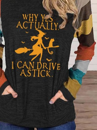Halloween Yes I Can Drive Stick  Casual Letter Scoop Neckline T-shirt