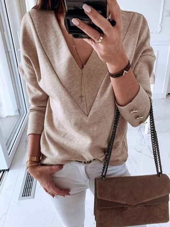 Women Fashion Solid Color Knitted Sweater Autumn Warm Solid Color V Neck Knitted Pullovers