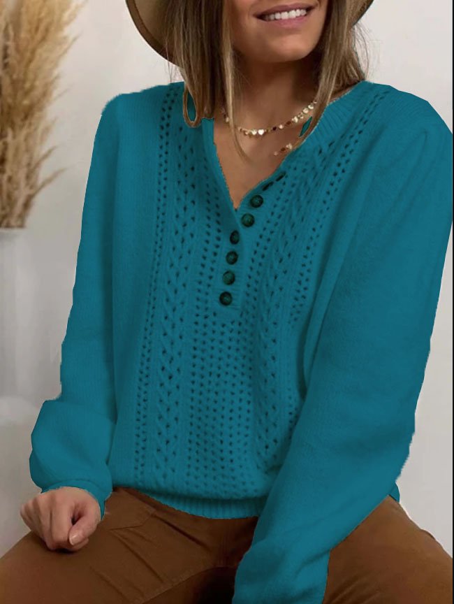 Women Crew Neck Button Long Sleeve Knitting Sweater