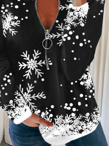 Womens Casual V Neck Pullover Snowflake Print Long Sleeve Zip Sweatshirt