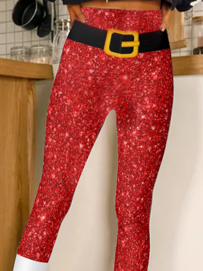 New high Stretch Leggings Christmas belt printed 9-point stretch pants