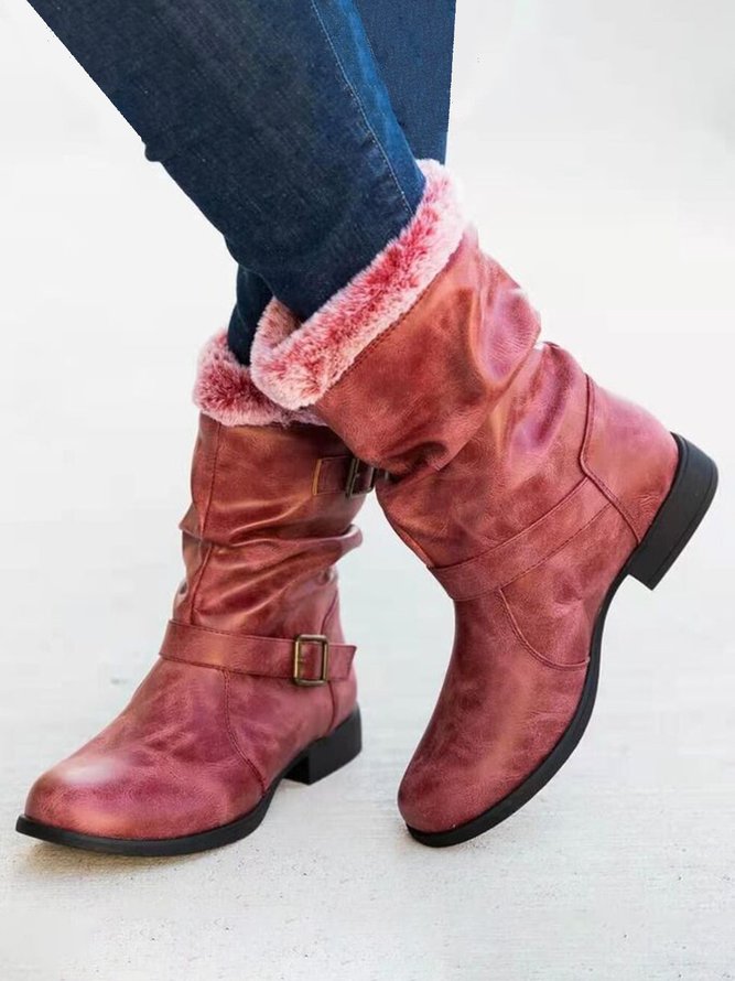 Simple Pleated Belt Buckle Suede Ankle Boots