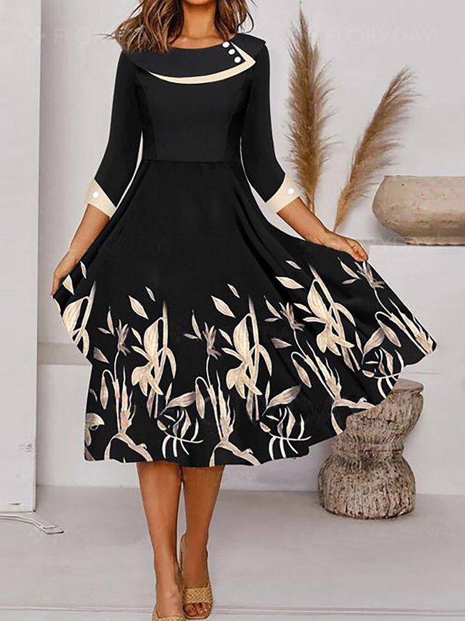 Floral Tunic Round Neck Casual Midi Dress