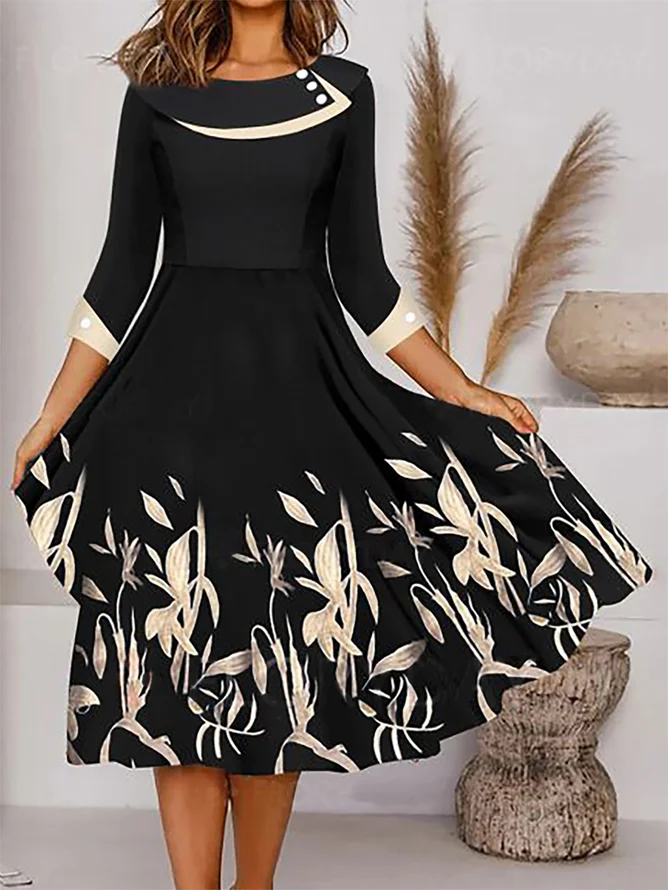 Floral Tunic Round Neck Casual Midi Dress