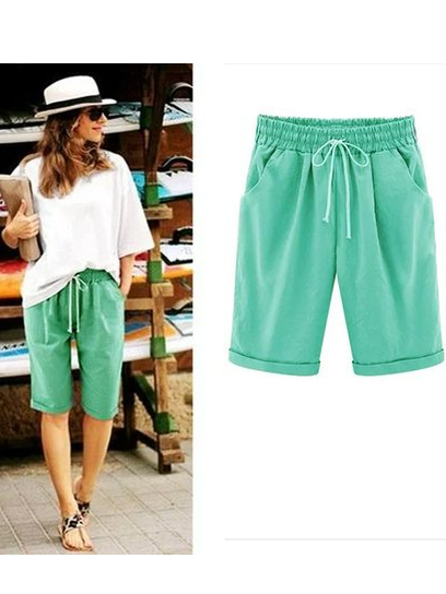 JFN Elastic Waist Solid Causal Pockets Shorts