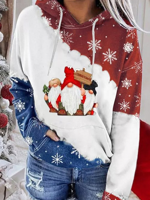 Women Christmas Pockets Off Shoulder Cotton Blends Color Block Sweatshirt
