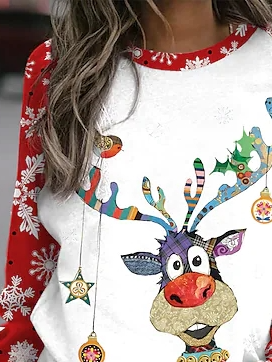 Women Casual Crew Neck Christmas Funny ELK Long Sleeve Sweatshirt