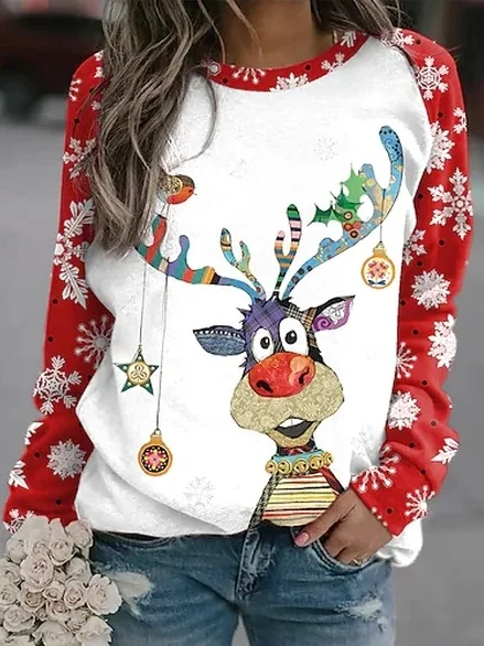 Women Casual Crew Neck Christmas Funny ELK Long Sleeve Sweatshirt