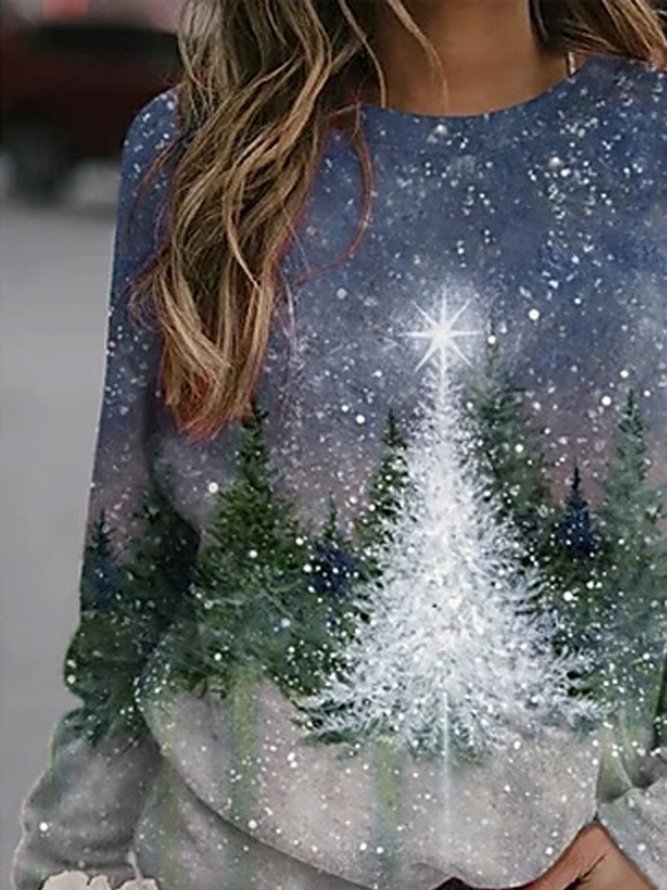 Women's Sweatshirt Christmas Tree Printed Crew Neck Regular Fit