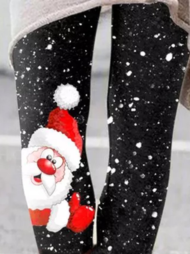 Women Black Christmas Cute Santa Claus With Snow Leggings