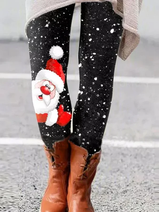 Women Black Christmas Cute Santa Claus With Snow Leggings