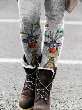 Womens Gray Thick Warm Legging Christmas Cartoon Reindeer Printed