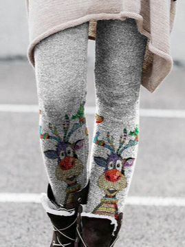 Womens Gray Thick Warm Legging Christmas Cartoon Reindeer Printed