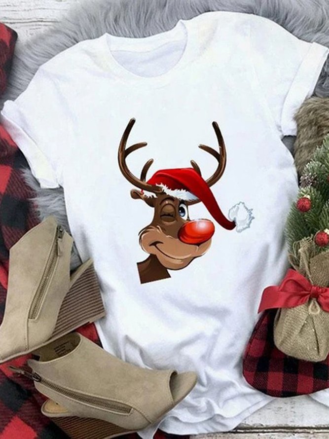 Women Christmas Animal Loosen Crew Neck Cotton Blends Short Sleeve T-Shirt