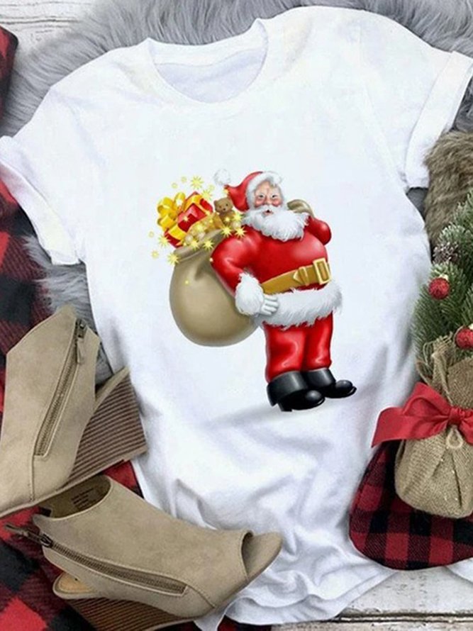 Women Christmas Animal Loosen Crew Neck Cotton Blends Short Sleeve T-Shirt