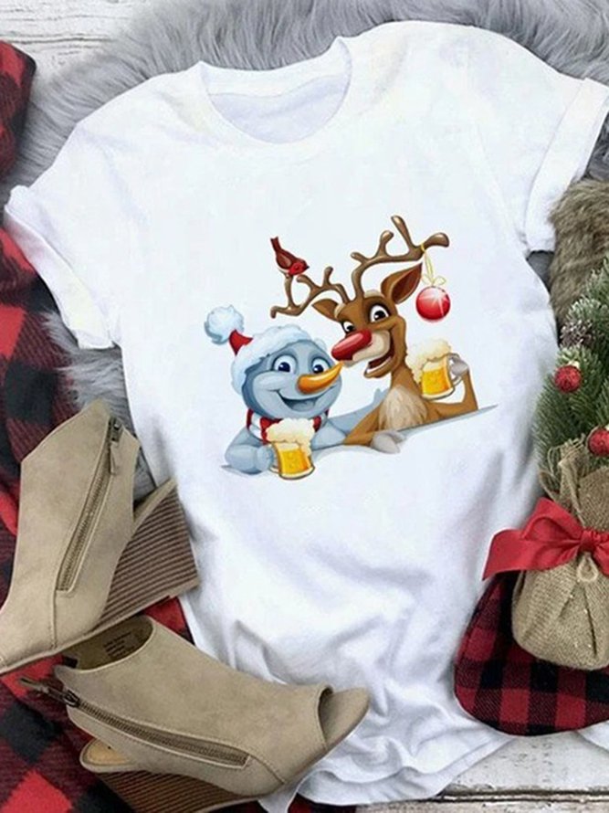 Women Christmas Animal Loosen Crew Neck Cotton Blends Short Sleeve T-Shirt