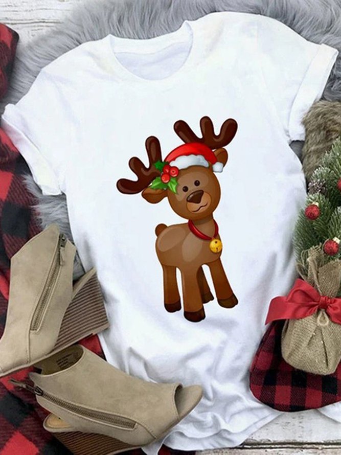 Women Christmas Animal Loosen Crew Neck Cotton Blends Short Sleeve T-Shirt