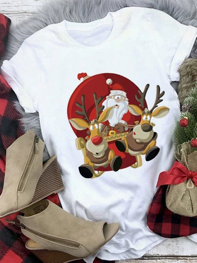 Women Christmas Animal Loosen Crew Neck Cotton Blends Short Sleeve T-Shirt