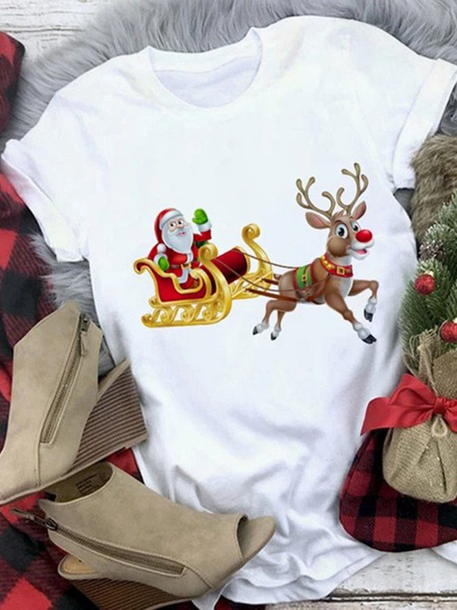Women Christmas Animal Loosen Crew Neck Cotton Blends Short Sleeve T-Shirt