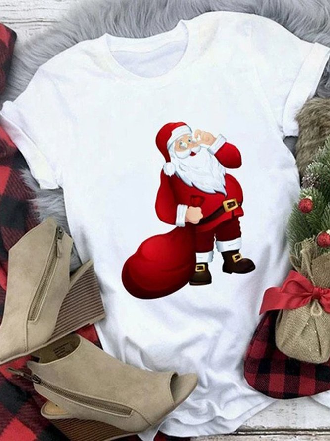 Women Christmas Animal Loosen Crew Neck Cotton Blends Short Sleeve T-Shirt