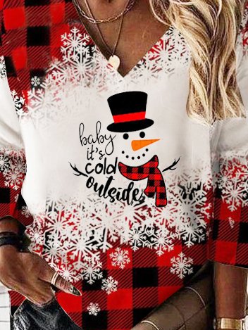 V Neck Christmas Snowman Loosen Sweatshirt