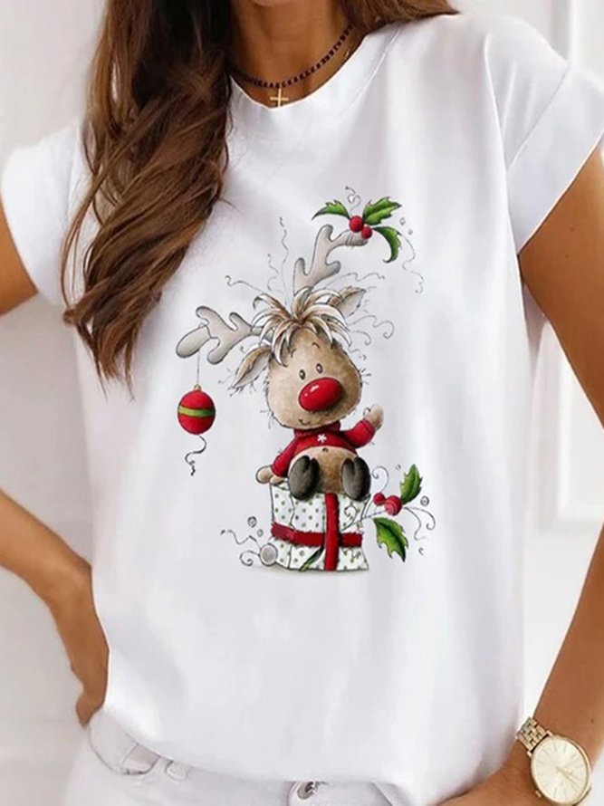 Women Christmas Animal Loosen Crew Neck Cotton Blends Short Sleeve T-Shirt