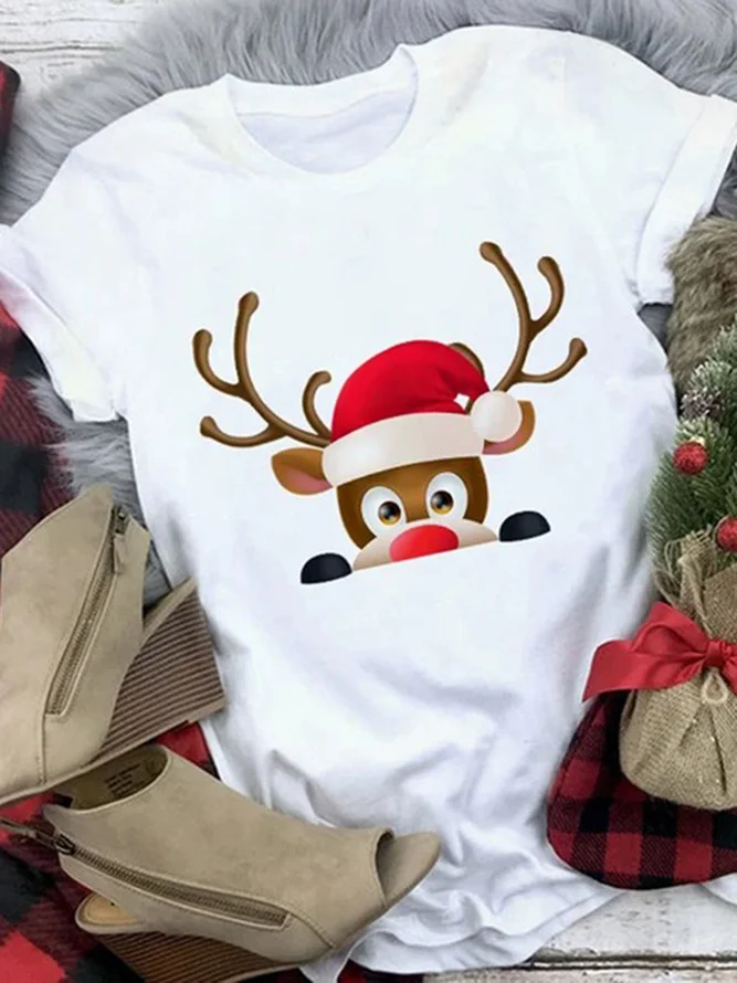 Women Christmas Animal Loosen Crew Neck Cotton Blends Short Sleeve T-Shirt