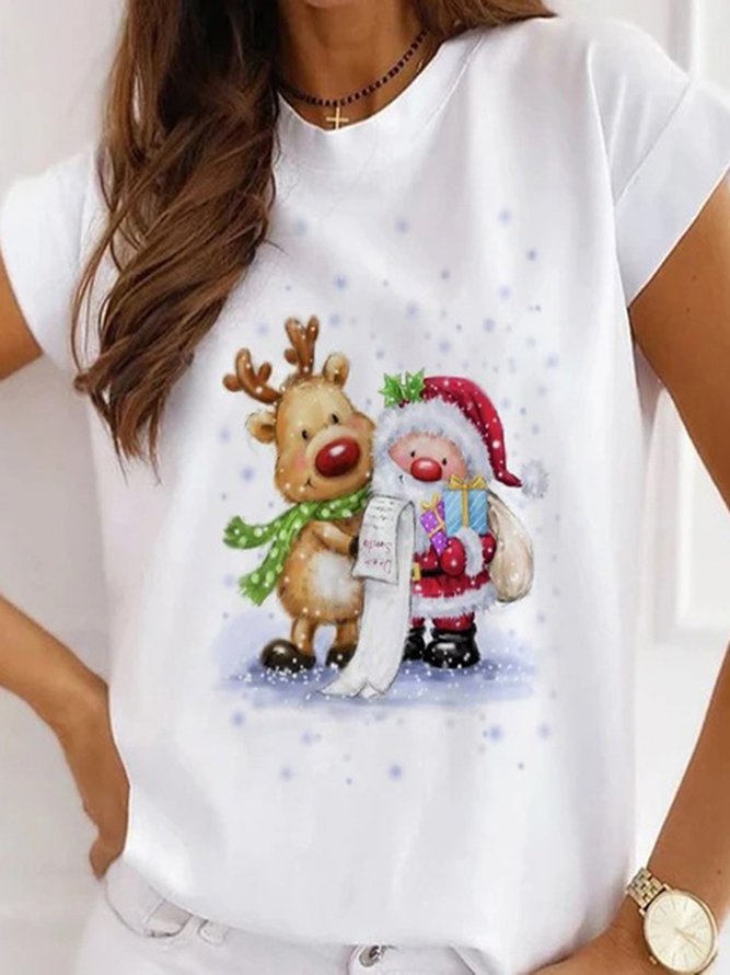 Women Christmas Animal Loosen Crew Neck Cotton Blends Short Sleeve T-Shirt