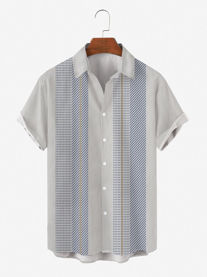 Mens Striped Print Round Hem Loose Short Sleeve Shirt