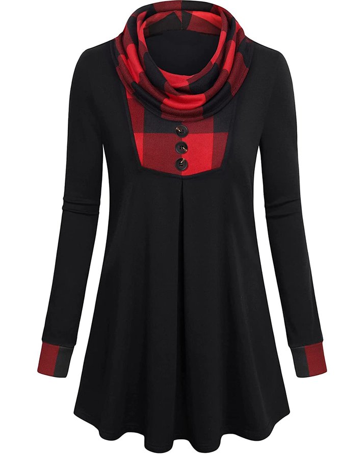 JFN Cowl Neck Buttoned Color Block Grid Top