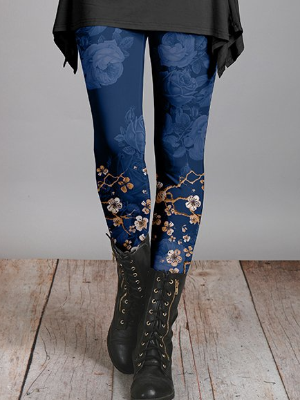Floral Skinny Leggings Blue plum elegant leggings