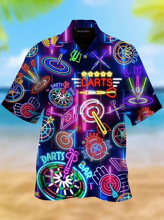 Mens Darts Game Casual Breathable Short Sleeve Hawaiian Shirts