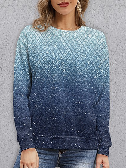 Loosen Crew Neck Sweatshirt Blue gradient shiny fish scale sweatshirt
