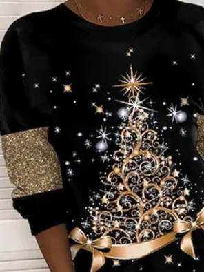 Women Crew Neck Shiny Christmas Tree Cotton Blends Sweatshirt