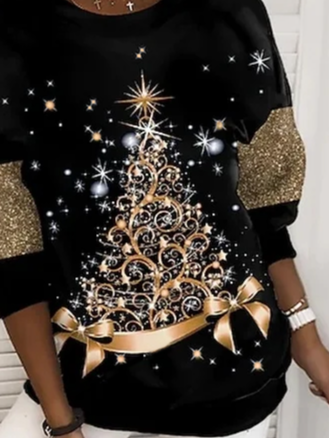 Women Crew Neck Shiny Christmas Tree Cotton Blends Sweatshirt