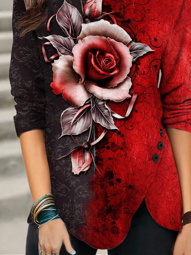 Long sleeve round neck geometric gradient plant flower rose button top t-shirt female